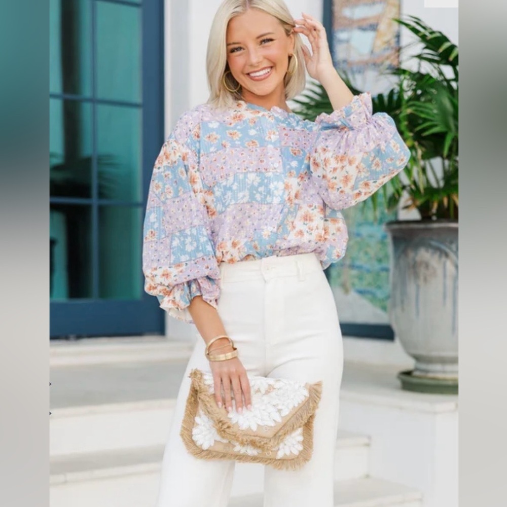 NWT Fate Patchwork Floral Sequin Blouse Sz S Boho Romantic Mixed Print Balloon